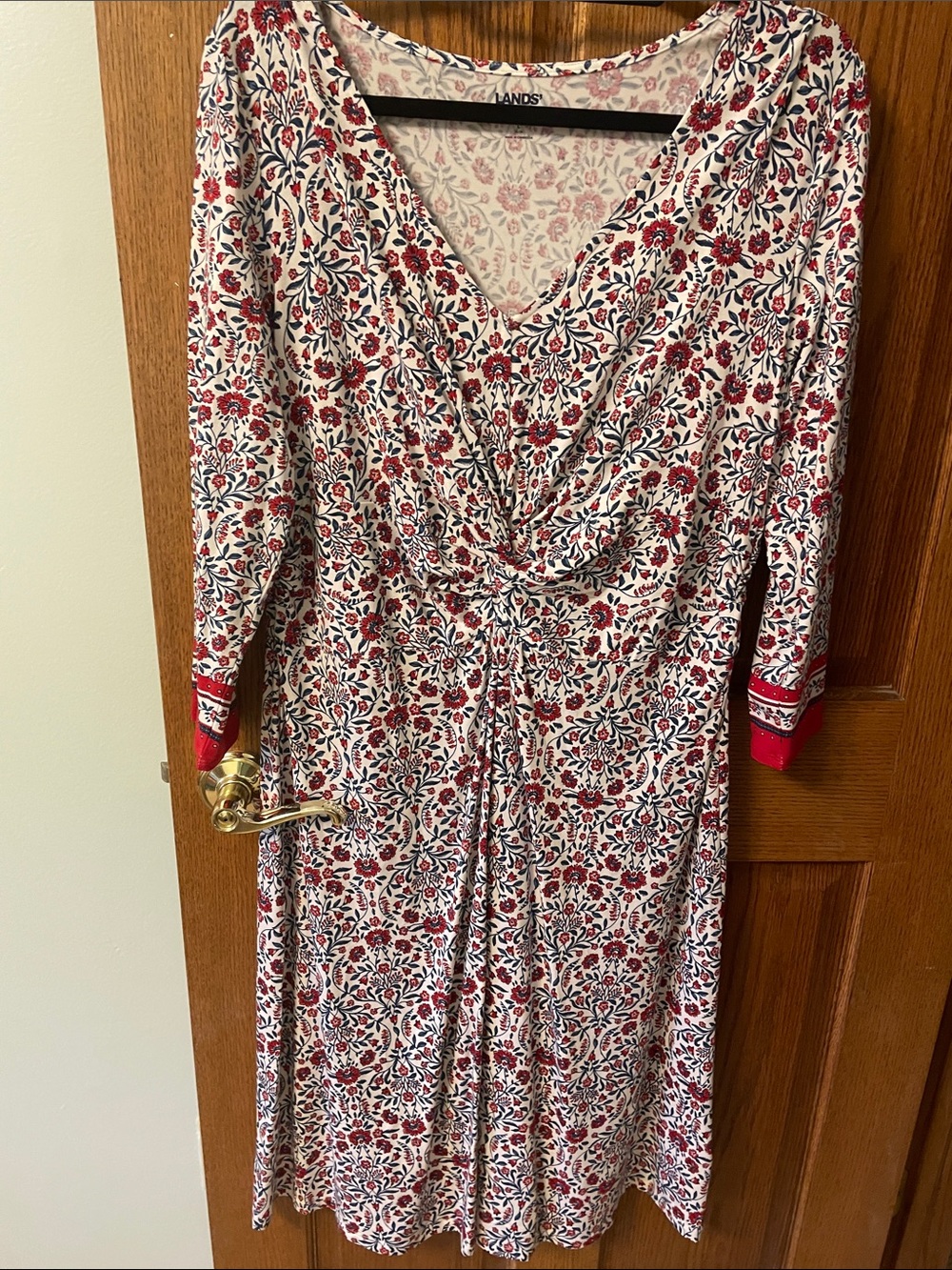Lands' End Cream Floral Midi Dress with Red and Navy Accents